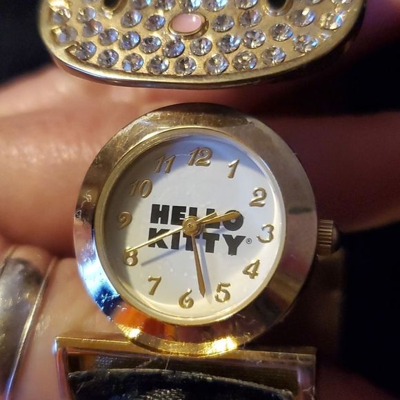 SANRIO HK1727J Hello Kitty Hidden Watch Goldtone Black Roses Bangle Bracelet - Picture 4 of 8